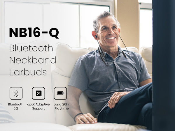 NB16-Q Bluetooth Neckband Earbuds with aptX Adaptive, Bluetooth 5.2, and 20-hour battery life.