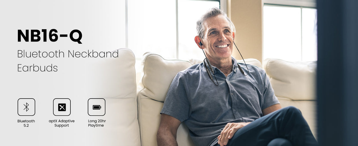 NB16-Q Bluetooth Neckband Earbuds with aptX Adaptive, Bluetooth 5.2, and 20-hour battery life.