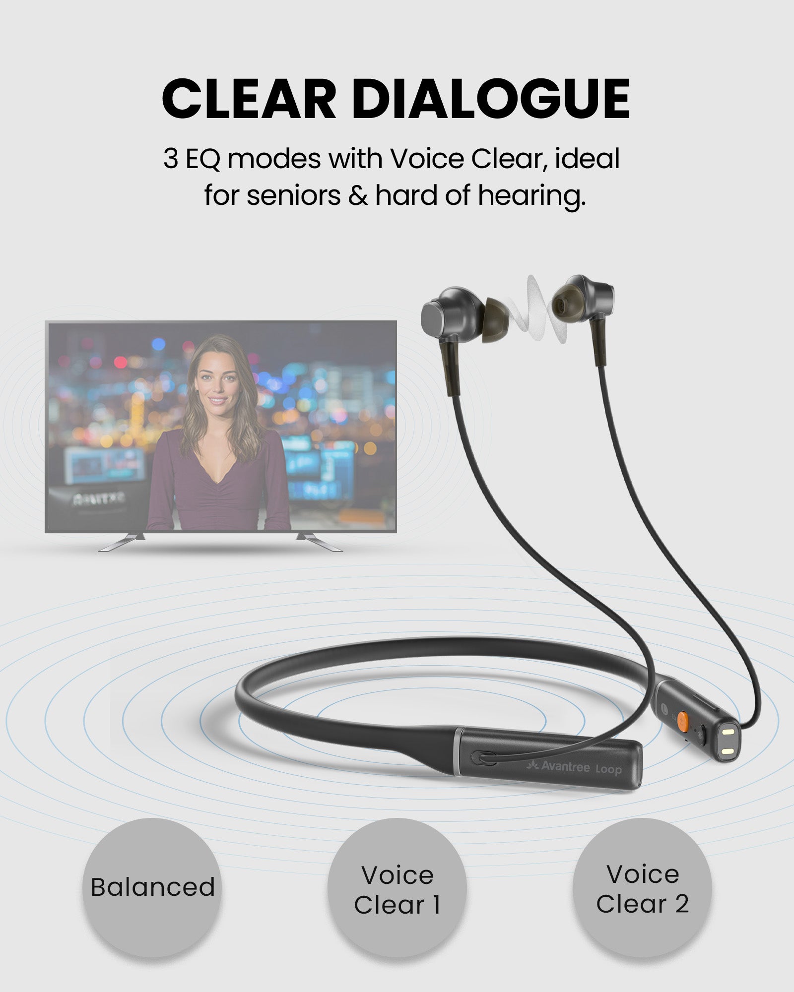 Loop-RX Auracast Neckband Earbuds, add-on for Aura Loop with 3 EQ presets, Balacen and Voice Clear EQ for enhanced speech and TV dialogue.