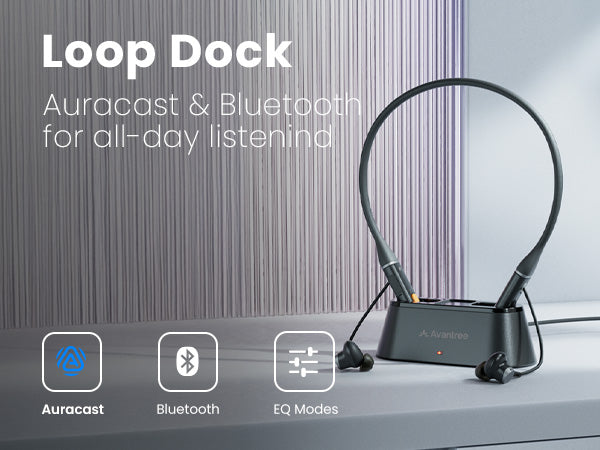 Loop Auracast & Bluetooth Neckband Earbuds with Charging Dock, comfortable listening with EQ modes.