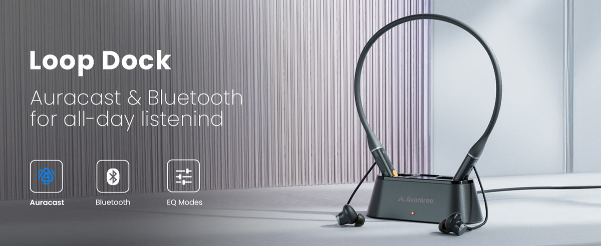Loop Auracast & Bluetooth Neckband Earbuds with Charging Dock, comfortable listening with EQ modes.