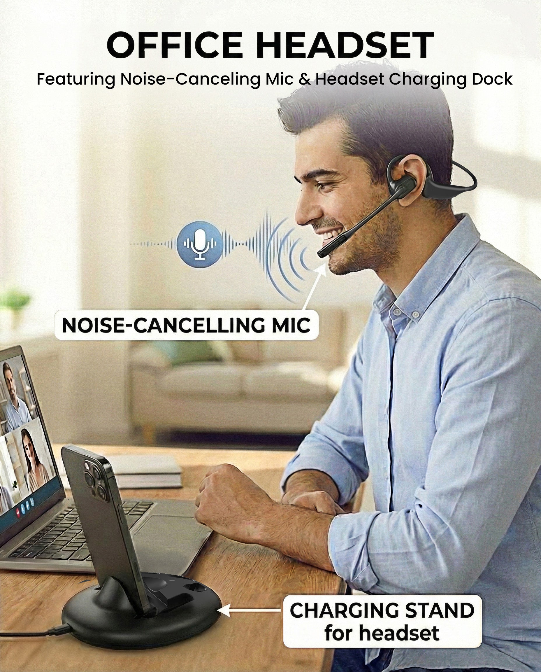 Lingo N21 Open-Ear Headphones with Mic, noise cancelling microphone and charging stand for calls, meetings, and work conversations.
