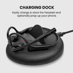 Lingo N21 Open-Ear Headphones with Mic, magnetic charging dock with built-in phone holder for hands-free calls and video chats.