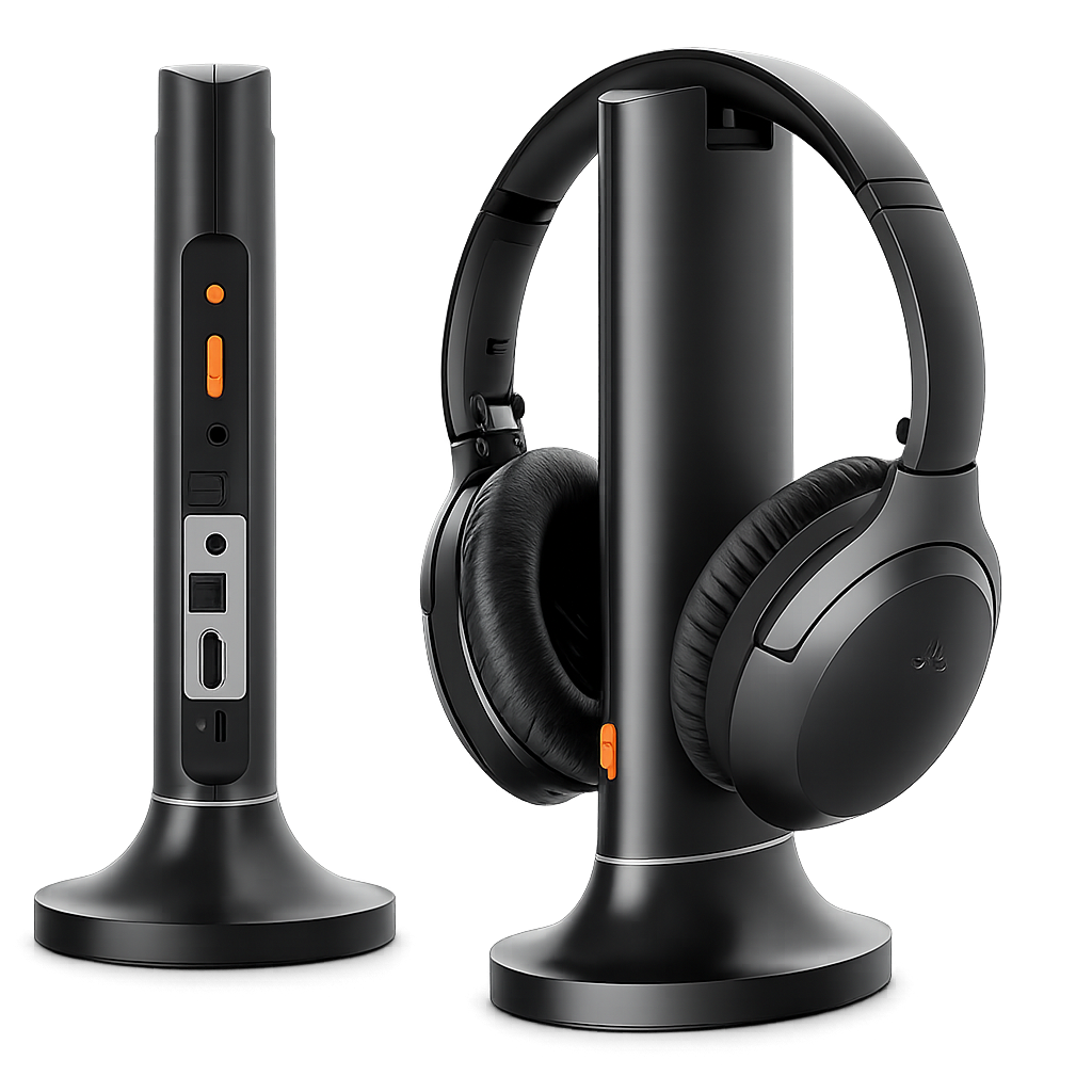 Opera Aura Auracast TV headphones and transmitter base