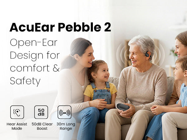 AcuEar Pebble 2 Open-Ear Hearing Amplifier Earbuds for Seniors, comfortable Hear Assist with 50dB boost and 30m range.