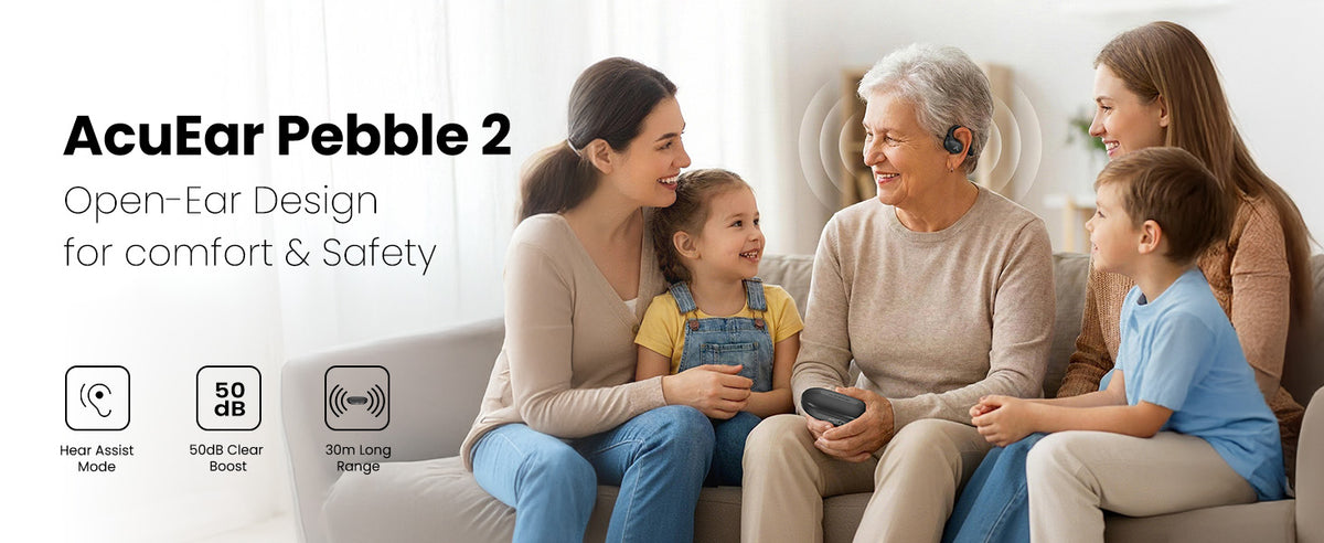 AcuEar Pebble 2 Open-Ear Hearing Amplifier Earbuds for Seniors, comfortable Hear Assist with 50dB boost and 30m range.