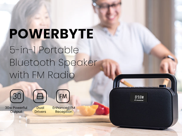 PowerByte 5-in-1 Portable Bluetooth Speaker with FM Radio, 30W output, dual speakers, and enhanced FM reception.