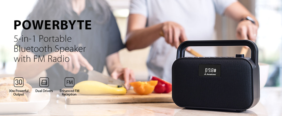 PowerByte 5-in-1 Portable Bluetooth Speaker with FM Radio, 30W output, dual speakers, and enhanced FM reception.