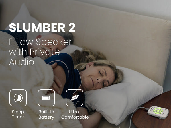 Slumber 2 Pillow Speaker, private audio with sleep timer, built-in battery, and ultra-comfortable design.