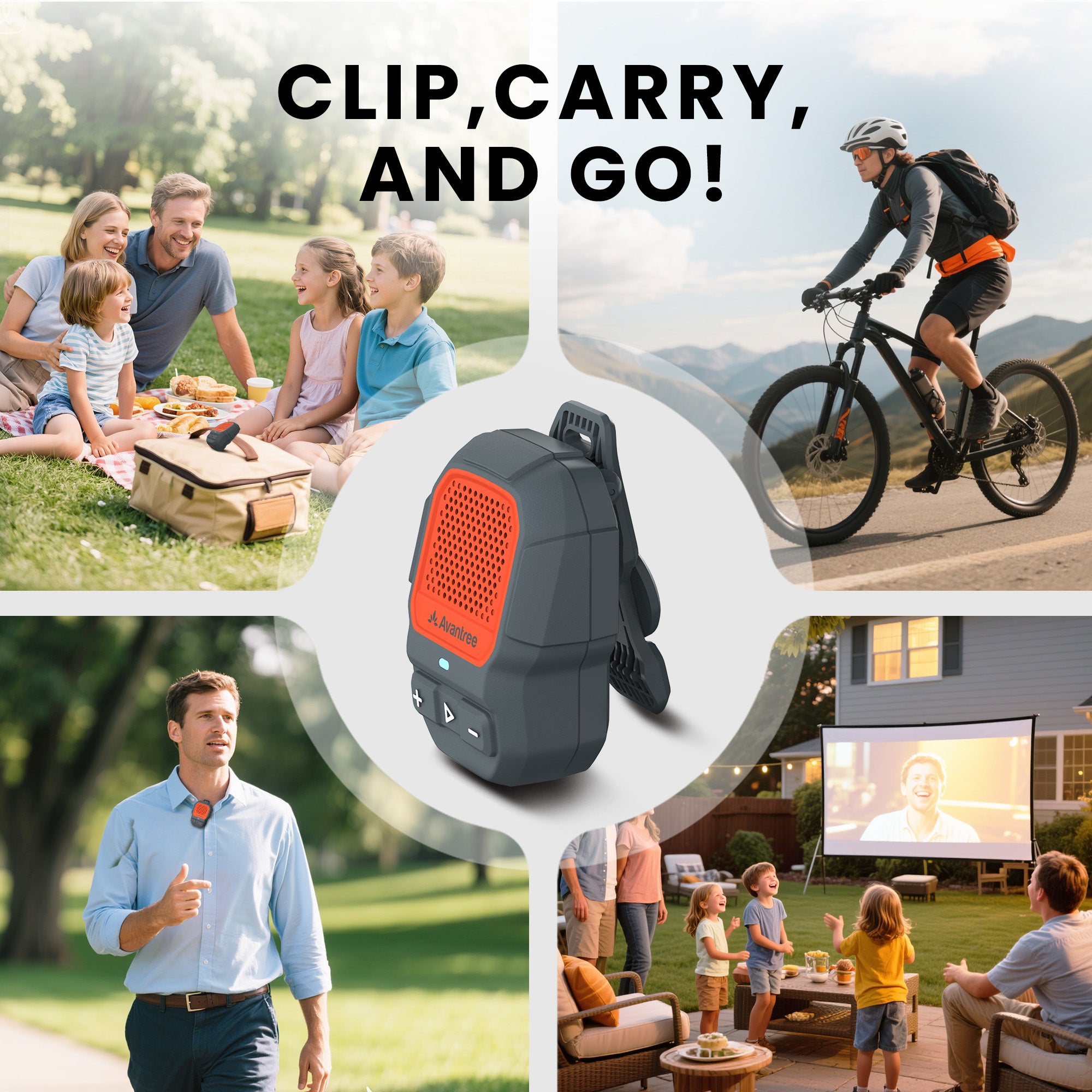 ShareCast Solo Clip-On Auracast Speaker with LE Audio for Group Listening. Clip-and-carry design, and ready-to-use wireless audio.