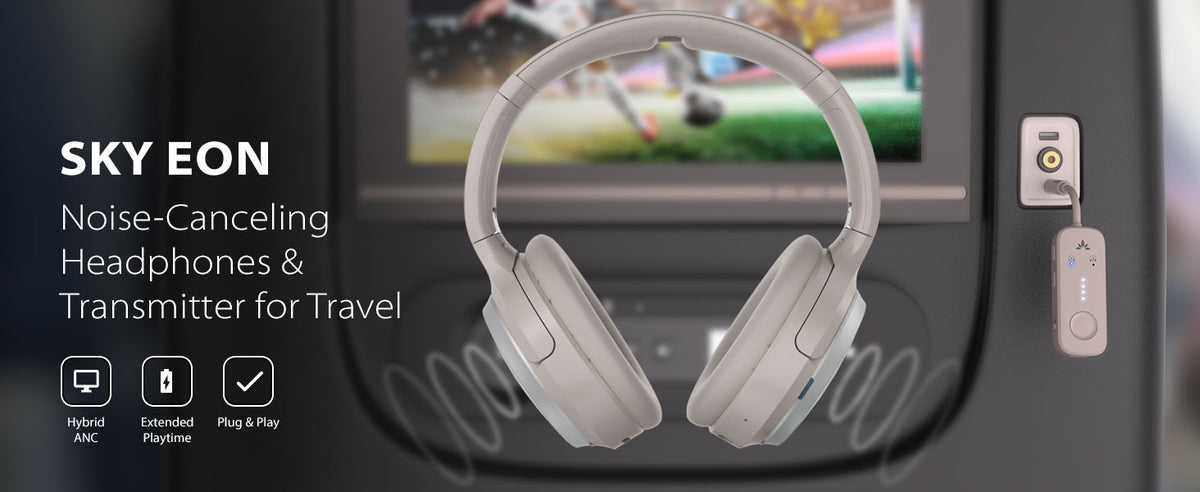 Sky Eon Noise Cancelling Headphones & Transmitter for travel with Hybrid ANC, extended battery life, and plug-and-play connectivity.