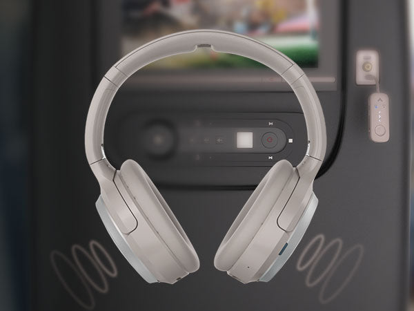 Sky Eon Noise Cancelling Headphones & Transmitter for travel with Hybrid ANC, extended battery life, and plug-and-play connectivity.