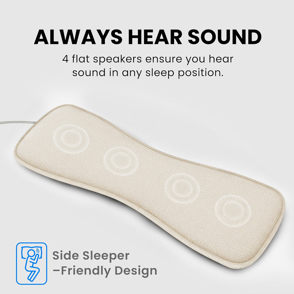 Slumber 2 Bluetooth Pillow Sleep Headphones with 4 flat speakers and white noise, Bluetooth, AUX, for side-sleep friendly design.