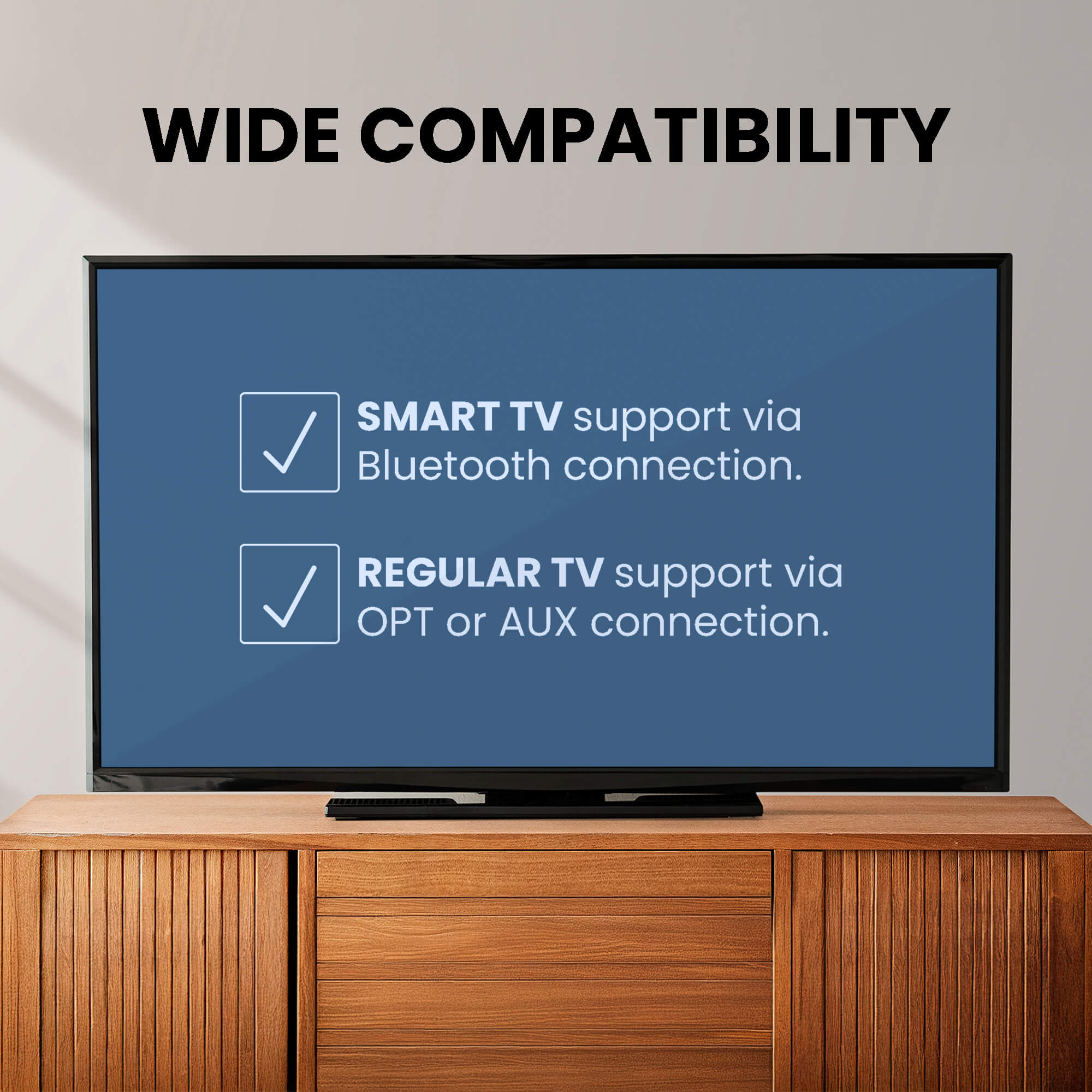 Wireless TV transmitter for seniors and shared audio, supporting optical, 3.5 mm AUX, and Bluetooth-enabled TVs, with soundbar pass-through feature.