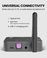 Audikast 4HA Auracast TV Transmitter, optimized for Auracast hearing aids with optical and AUX input for TVs, PCs, and audio devices, no HDMI.