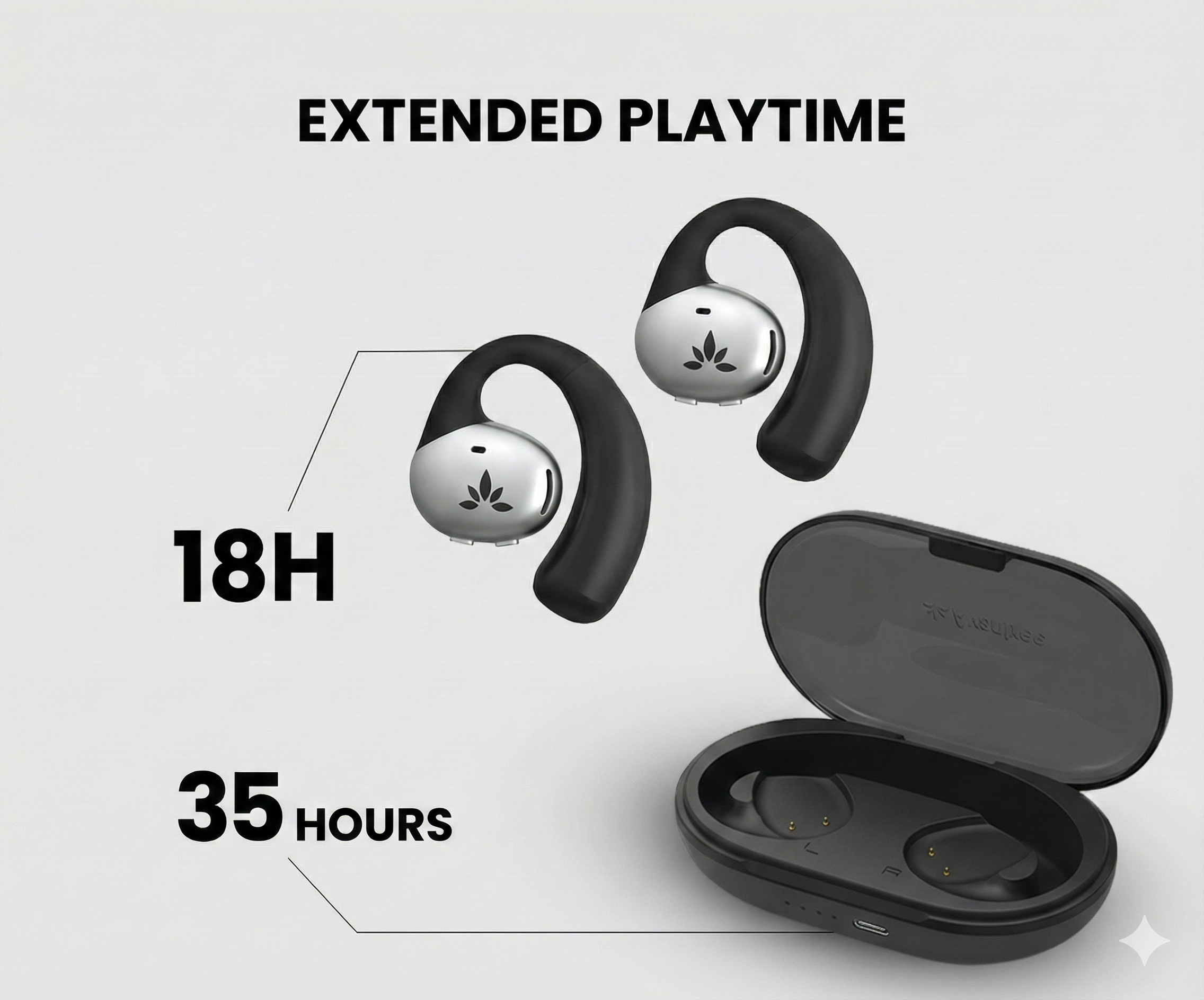 Pebble Aura Open-Ear Auracast TV Earbuds with clear audio, stable connectivity. Up to 18 hours of uninterrupted audio on a single charge.