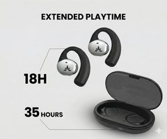 Pebble Aura Open-Ear Auracast TV Earbuds with clear audio, stable connectivity. Up to 18 hours of uninterrupted audio on a single charge.