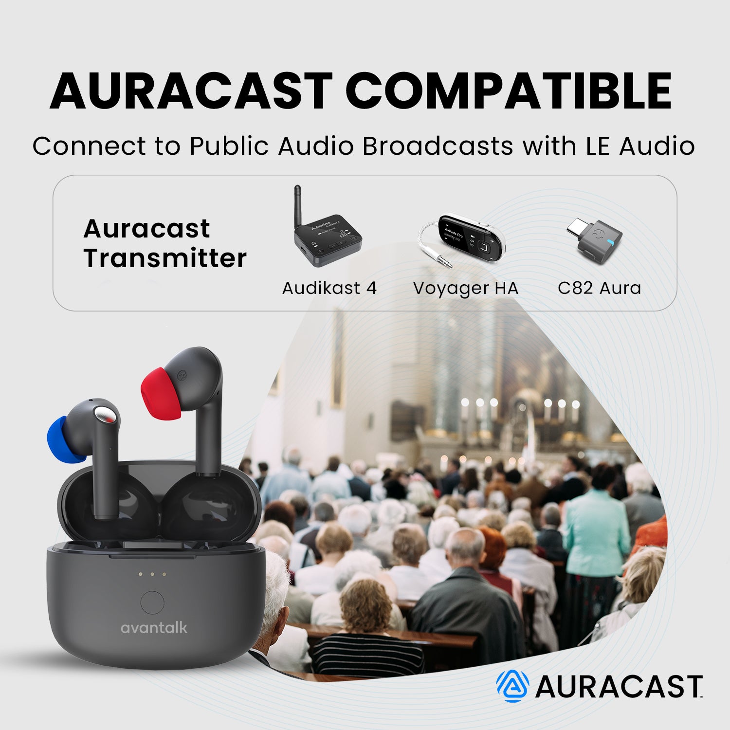Infinity NC ANC Earbuds with LE Audio, Auracast, HD calls, and custom EQ, with LE Audio support for connecting to public Auracast audio broadcasts.