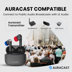 Infinity NC ANC Earbuds with LE Audio, Auracast, HD calls, and custom EQ, with LE Audio support for connecting to public Auracast audio broadcasts.