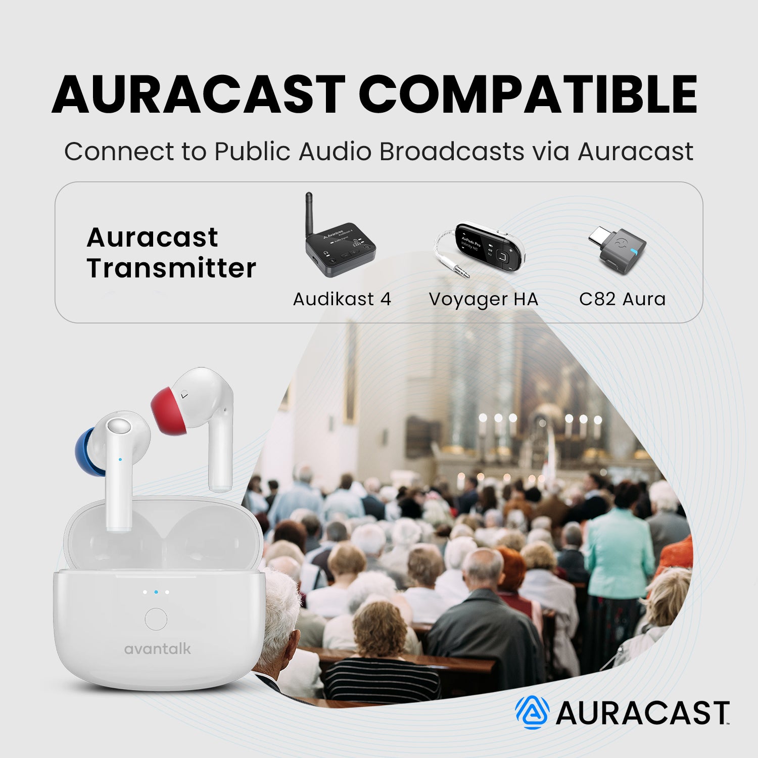 Infinity NC ANC Earbuds with LE Audio, Auracast, HD calls, and custom EQ. Connects to Public Audio broadcast via Auracast