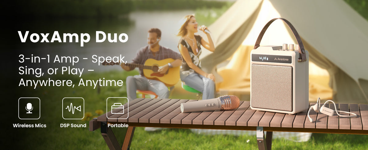 VoxAmp Duo Wireless Speaker with Dual Microphone for Classes, Karaoke & Small Events, 3-in-1 amp-speaker with DSP sound, portable singing anytime.