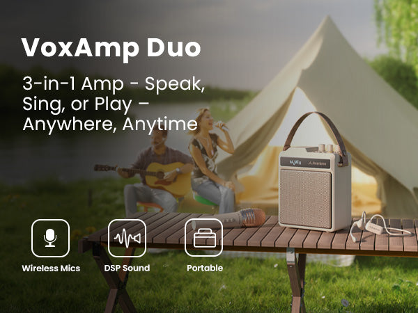 VoxAmp Duo Wireless Speaker with Dual Microphone for Classes, Karaoke & Small Events, 3-in-1 amp-speaker with DSP sound, portable singing anytime.