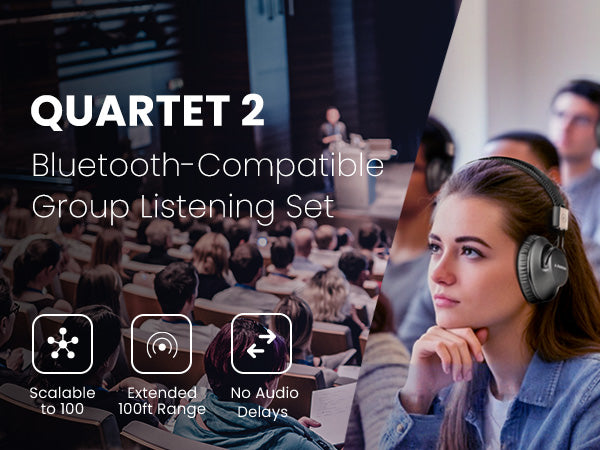 Quartet 2 Bluetooth Group Listening Set, supports up to 100 headphones, 100ft range, and no audio delay.