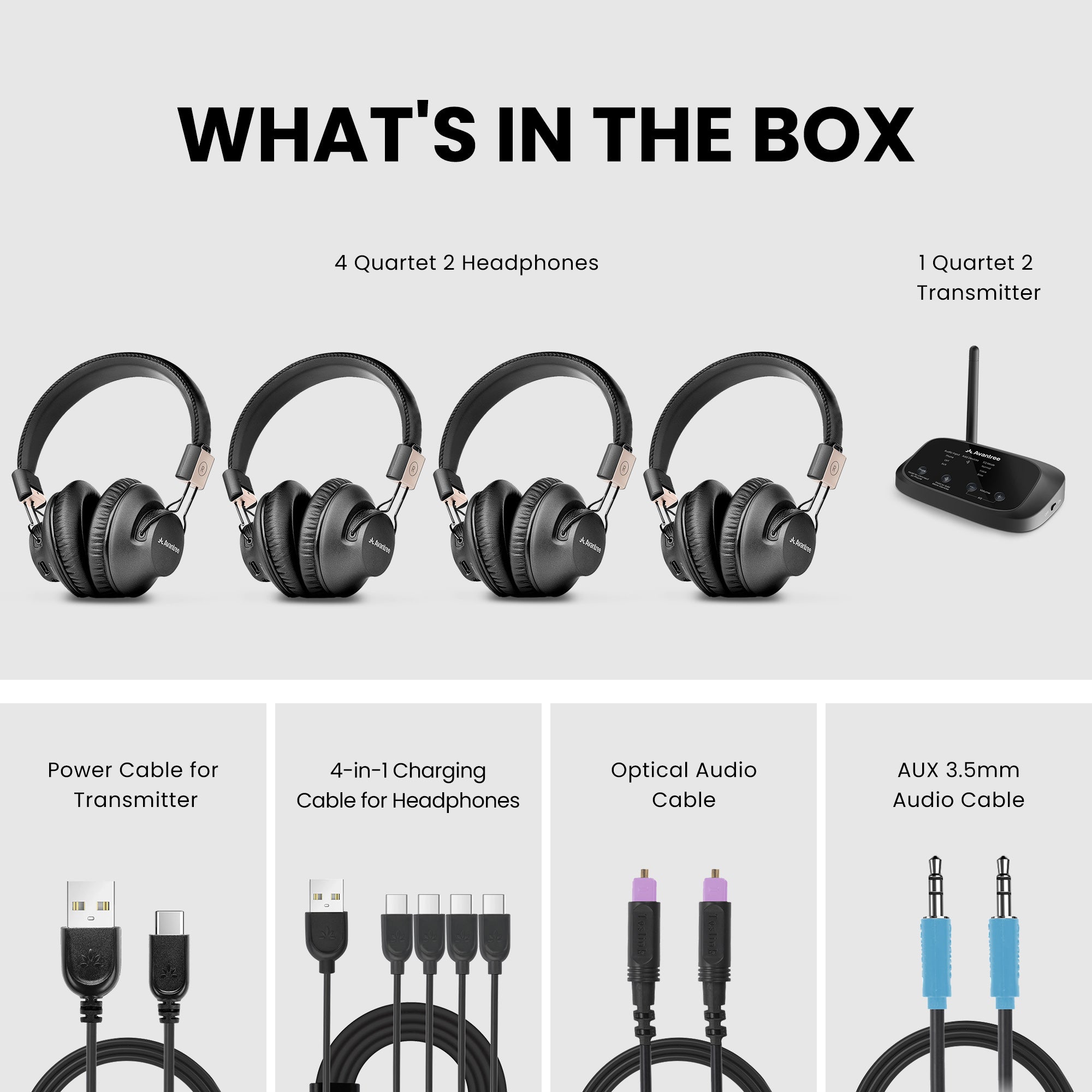 Quartet 2 Wireless Group Listening Headphones Set for TV and Venues, includes 4 headphones, transmitter, charging cable, optical, and AUX cables.