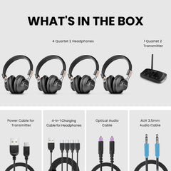Quartet 2 Wireless Group Listening Headphones Set for TV and Venues, includes 4 headphones, transmitter, charging cable, optical, and AUX cables.
