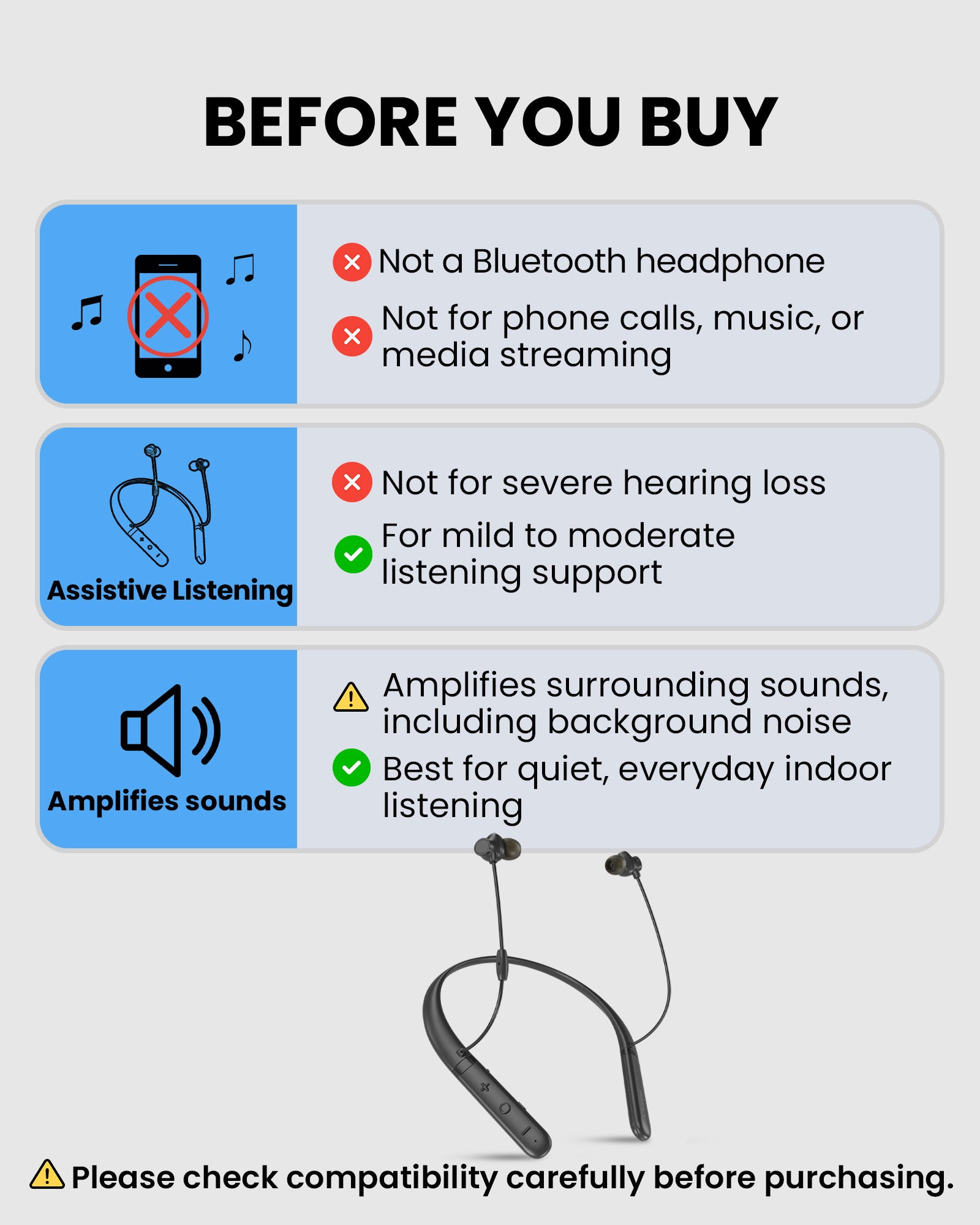 AcuEar C1 Hearing Amplifier for Seniors, mild to moderate listing support, not for Bluetooth, calls, or streaming; amplifies surrounding sounds with noise reduction.