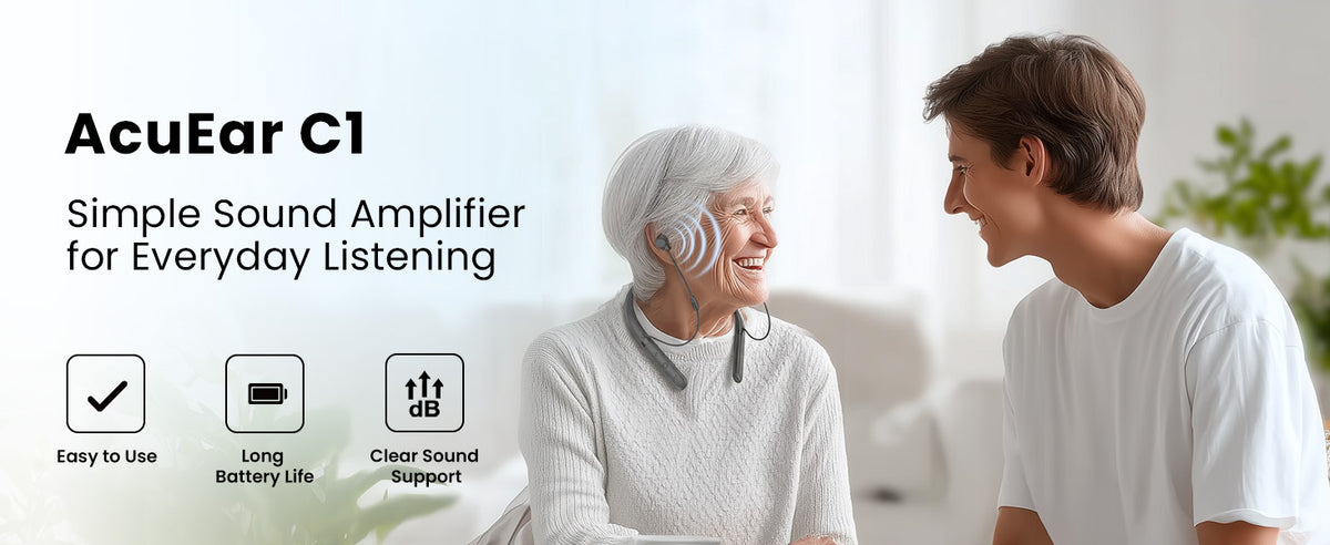AcuEar C1 Sound Amplifier for everyday listening with clear sound support, long battery life, and easy-to-use controls.