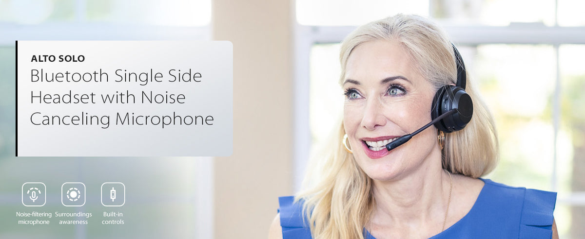 Alto Solo Bluetooth single-side headset with noise cancelling microphone, noise filtering, surrounding awareness, and built-in controls.