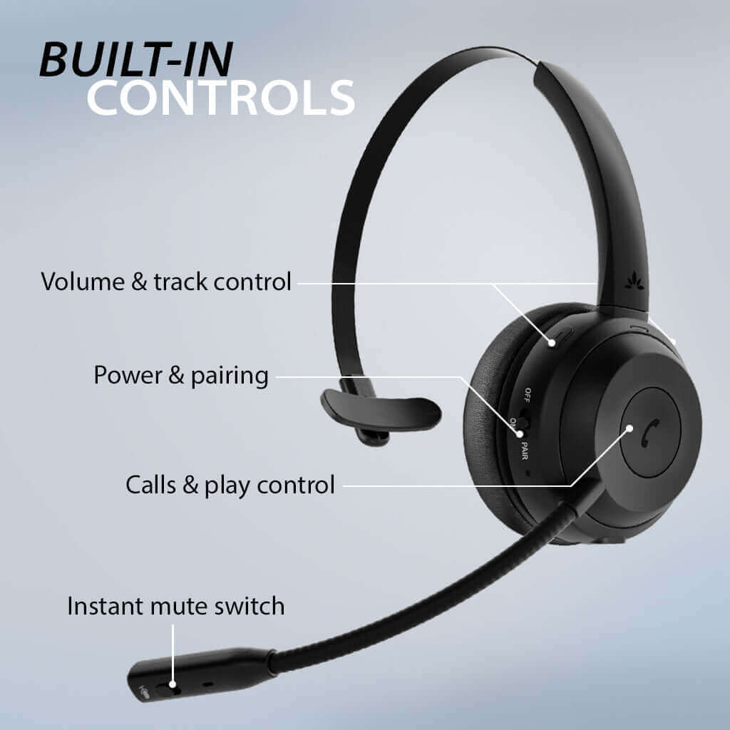 Alto Solo Wireless Headset with Microphone, featuring built-in controls for power, volume, mute, playback, and calls and play control