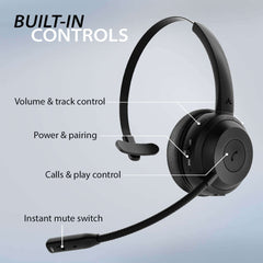 Alto Solo Wireless Headset with Microphone, featuring built-in controls for power, volume, mute, playback, and calls and play control