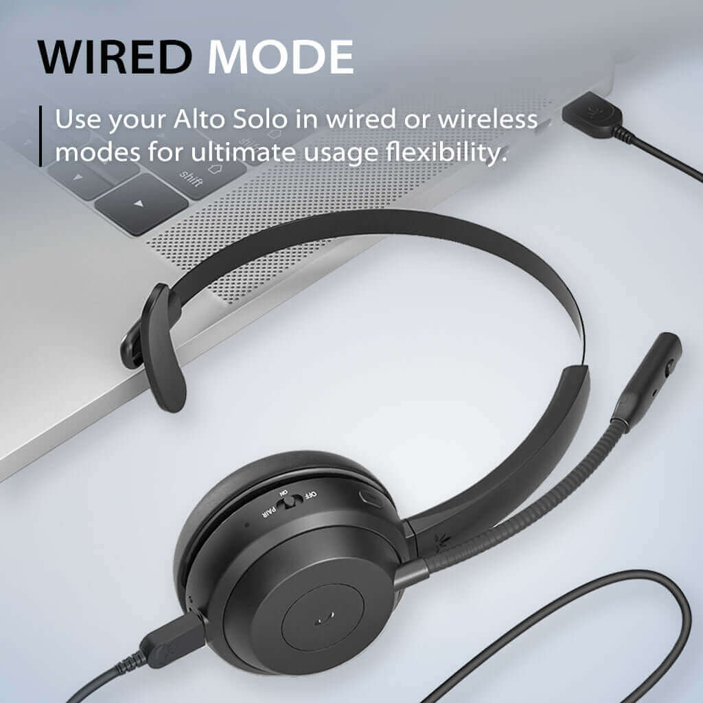 Alto Solo Wireless Headset with Microphone, supports wired and wireless modes for flexible use across different devices.