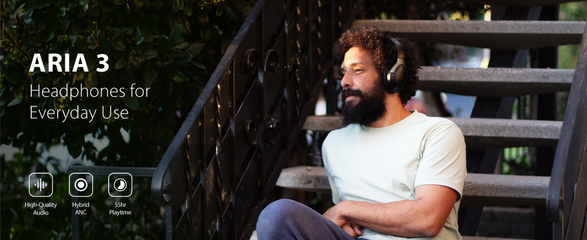 Aria 3 Headphones for everyday listening with high-quality audio, Hybrid ANC, and up to 55 hours of playtime.