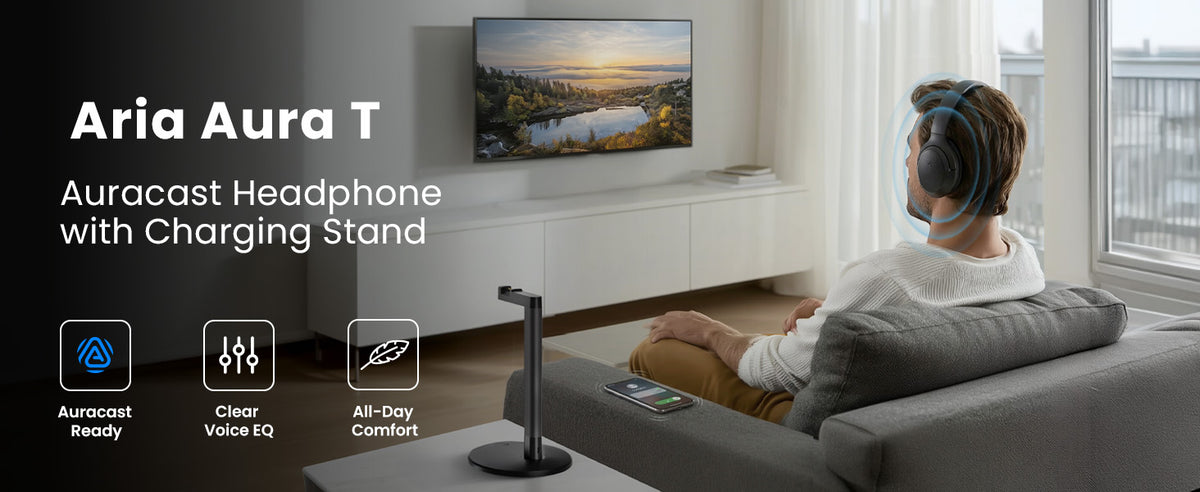 Aria Aura T Wireless Bluetooth Auracast TV Headphones with Charging Stand, Auracast-ready, Clear Voice EQ, and all-day comfort.