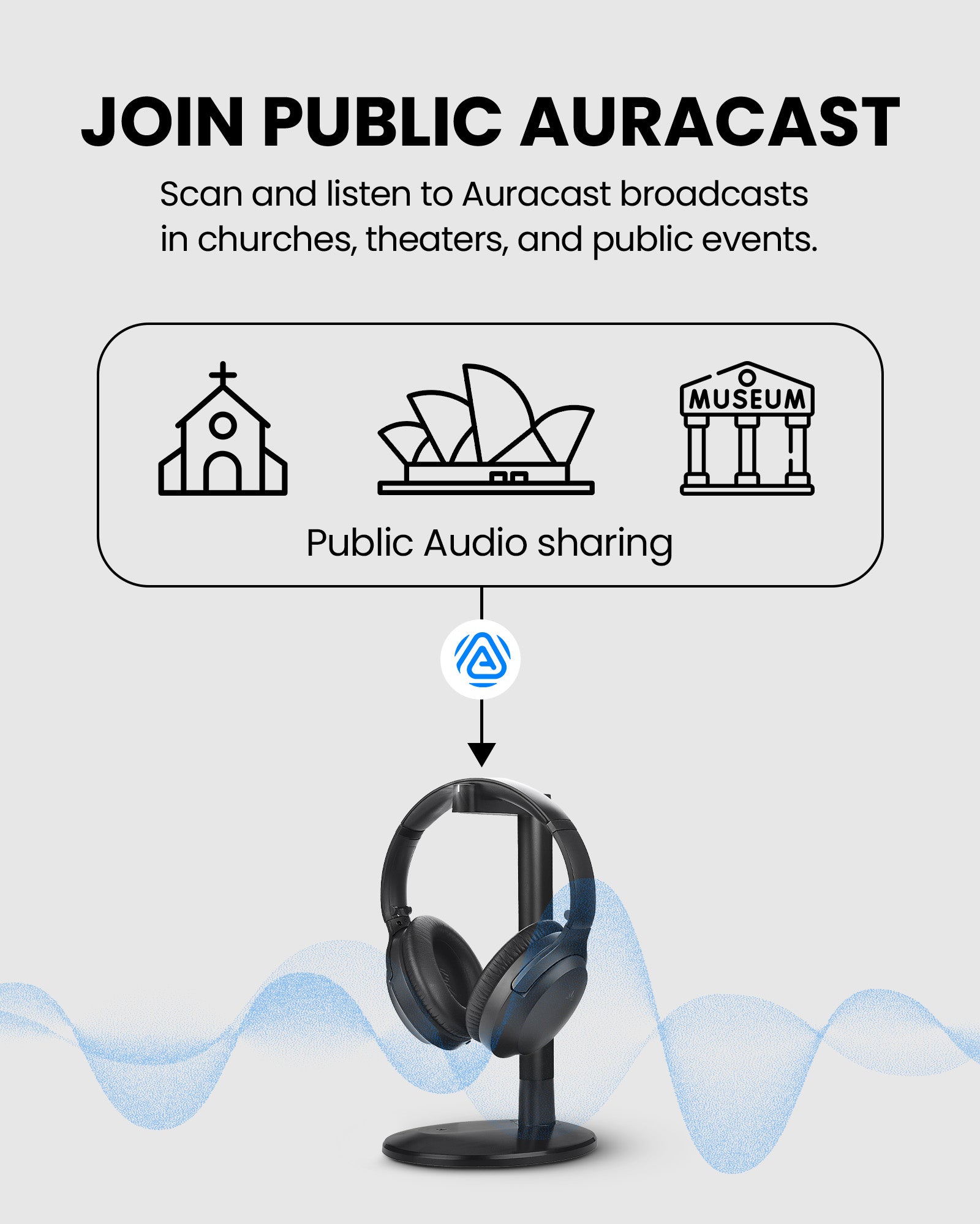 Aria Aura T Wireless Bluetooth Auracast TV Headphones. Supports public Auracast broadcasts and works with Auri, Williams AV, and other Auracast systems.