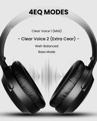 Aria Aura T Wireless Bluetooth Auracast TV Headphones with Charging Stand, featuring 4 EQ modes: Clear Voice 1, Clear Voice 2, Balanced, and Bass.