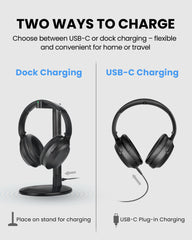 Aria Aura T Wireless Bluetooth Auracast TV Headphones with Charging Stand, featuring two charging options: USB-C direct charging or charging dock.