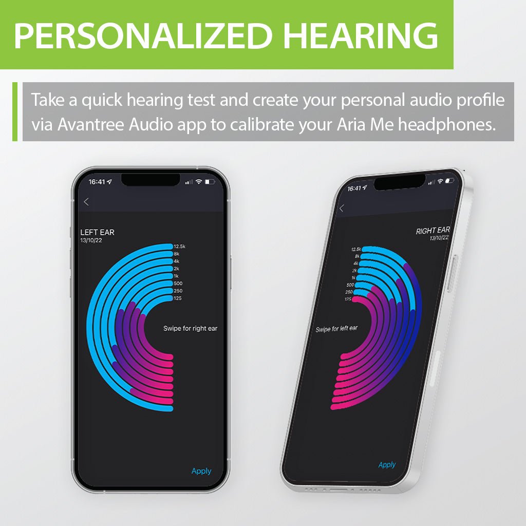 Aria Me Bluetooth Headphones for Hearing Impaired with personalized hearing profiles, Avantree Audio app calibration, and optimized Bluetooth audio.