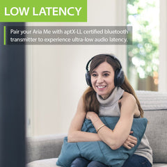 Aria Me Bluetooth Headphones for Hearing Impaired with personalized hearing profiles, aptX Low Latency, and ultra-low audio delay.
