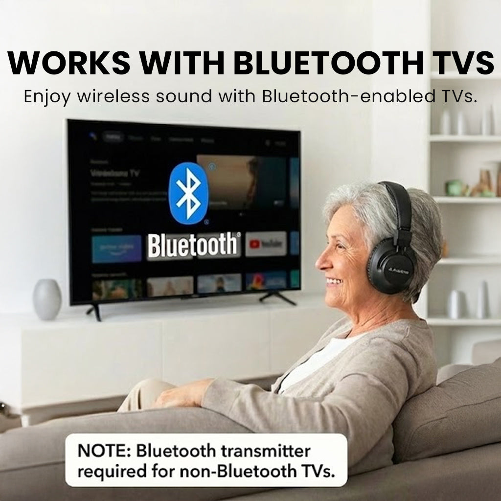 Audition 3 Bluetooth Over-Ear Headphones with Charging Dock, compatible with Bluetooth-enabled TVs; non-Bluetooth TVs require a Bluetooth transmitter.