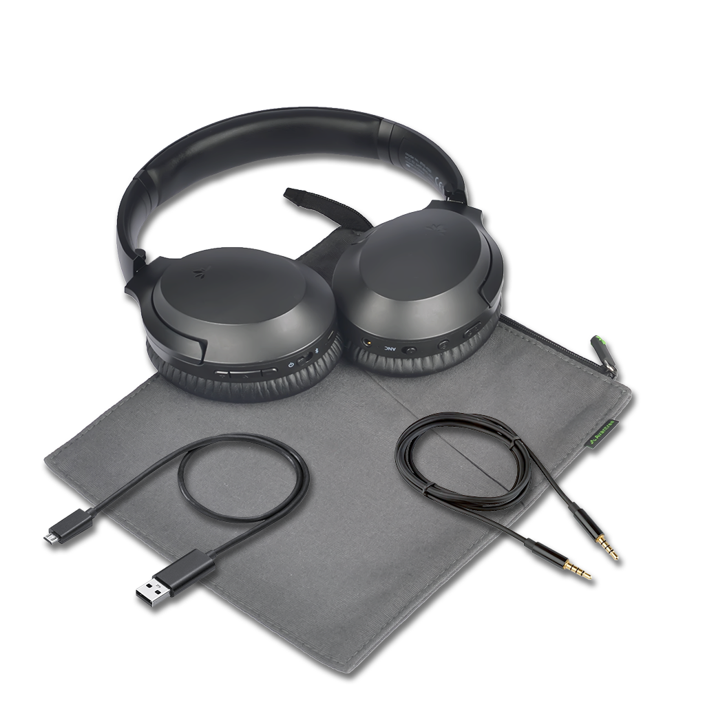 Aria Bluetooth Headphones with Active Noise Cancelling & Detachable Boom Microphone. Includes 1 headphone, charging cable and 3.5mm aux