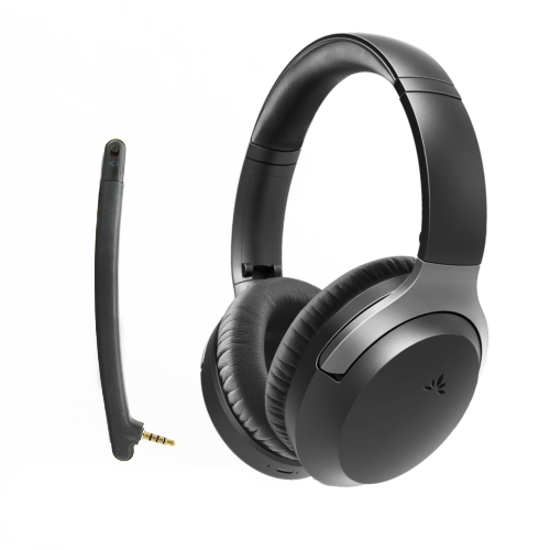 Aria Pro SSD Bluetooth Active Noise Cancellation Headphones, detachable boom mic, voice assistant, and multimedia controls.
