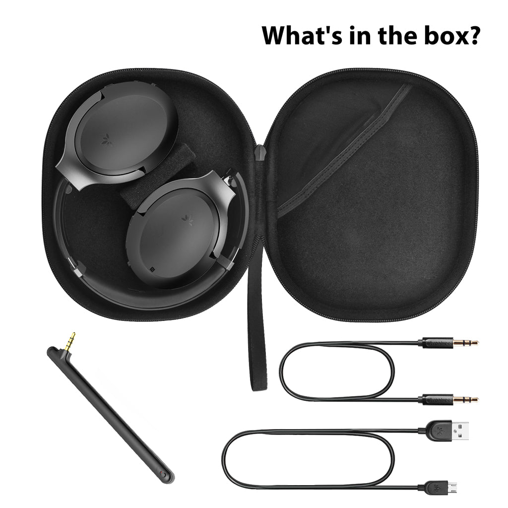 Aria Pro SSD Bluetooth Active Noise Cancellation Headphones, includes detachable boom mic, 3.5mm cable, charging cable, and carrying case.