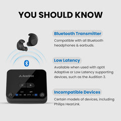 Audikast 3 Bluetooth Audio Transmitter for TV, compatible with Bluetooth headphones and earbuds, supports aptX Adaptive and LL, not compatible with Philips HearLink