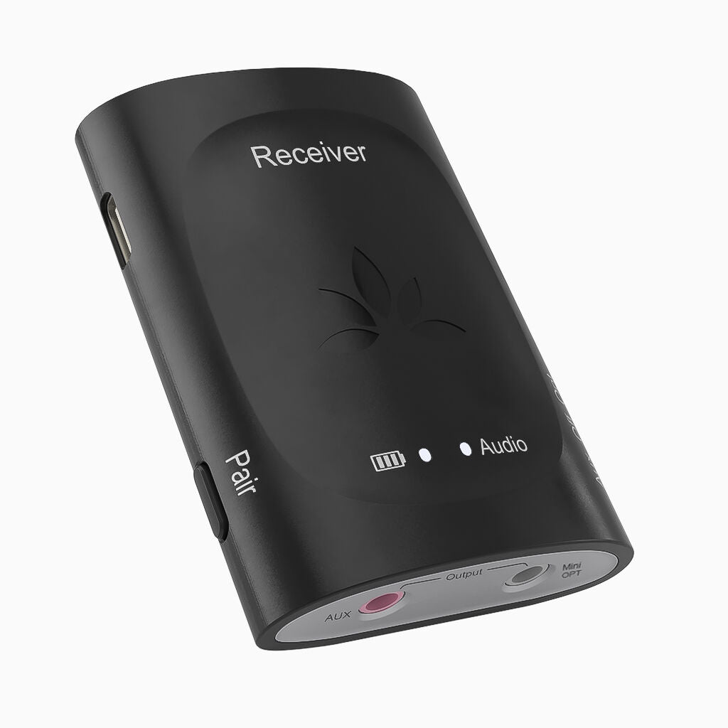 Audiplex 2403S Wireless Transmitter Receiver System, features 3.5mm AUX and optical input, LED indicator, power switch, and independent volume control.