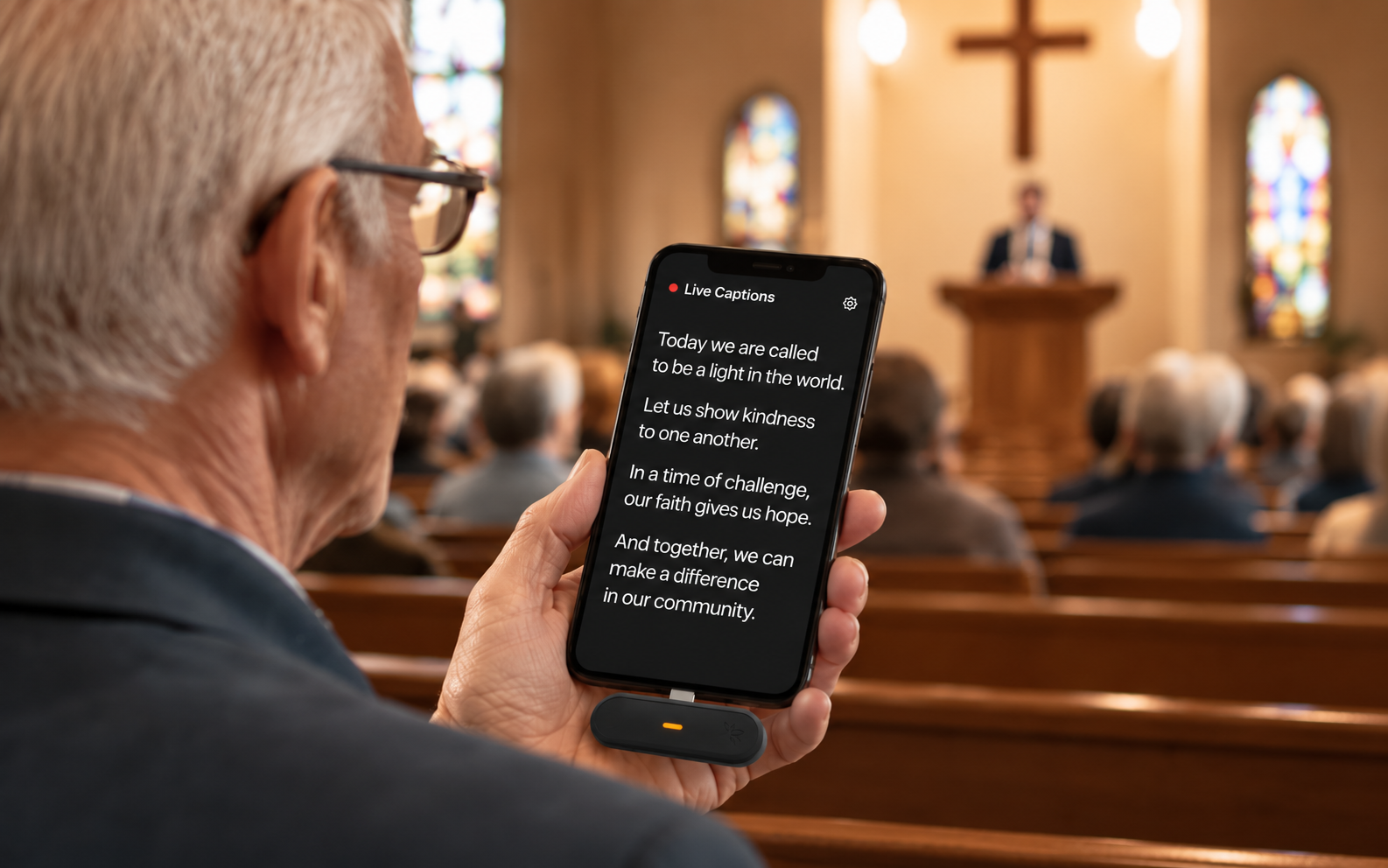 Person reading live captions from an Auracast broadcast on a phone