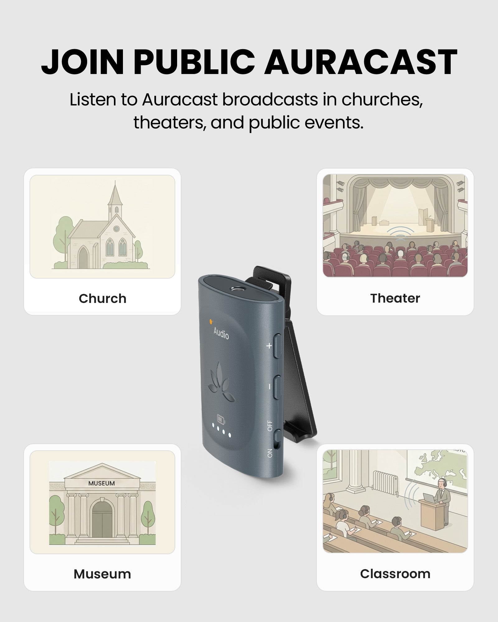 AuraClip Auracast receiver for Public venue like churches, theaters, classrooms, and museumus. Turns Any 3.5mm Headphones into Auracast Audio 